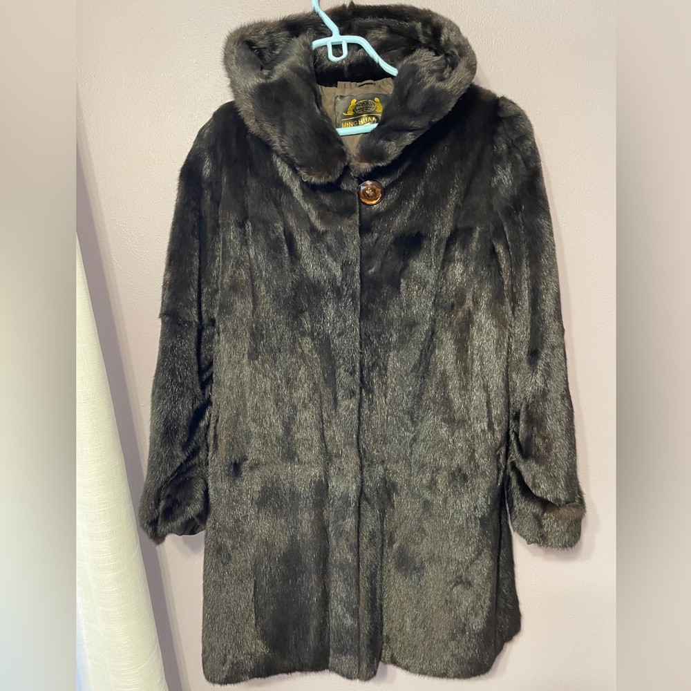 Dark chocolate Real Mink hooded Coat M